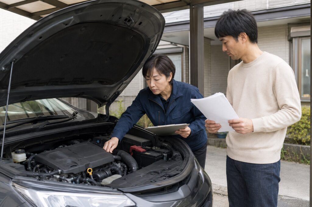 中古車店の説明を信じてよいを確認する車選びのイメージ